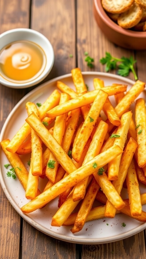 Extra Crispy Air Fryer French Fries Recipe A plate of crispy air fryer French fries garnished with herbs, served with a dipping sauce on a wooden table.